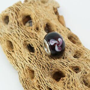 Purple and White European Glass Charm Bead with Silver Core Center